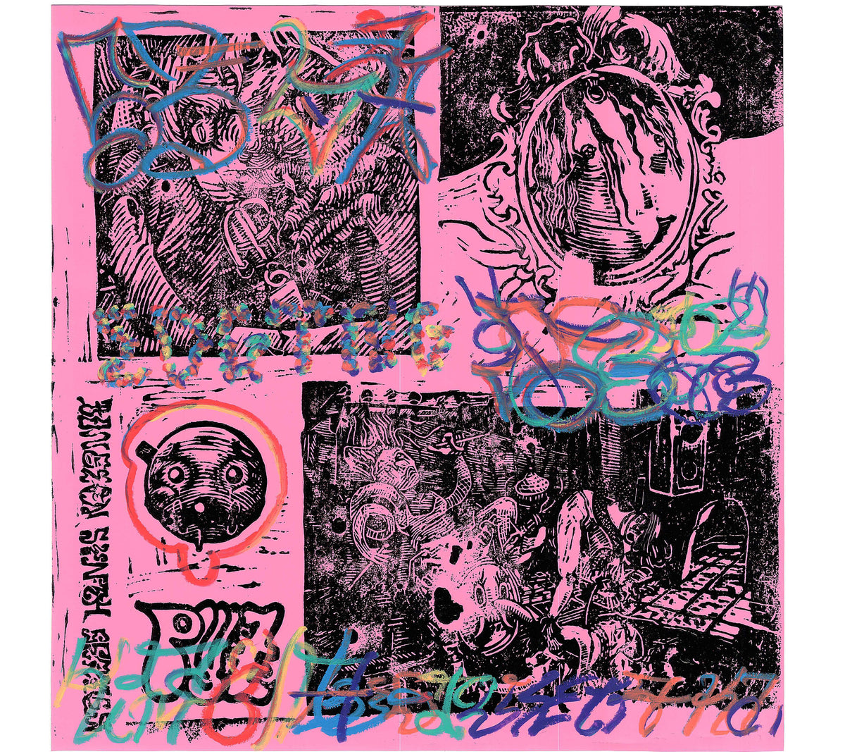 A square art print or poster featuring a collage of black and pink illustrated panels with surreal, sketchy drawings and colorful graffiti-style scribbles across the surface.