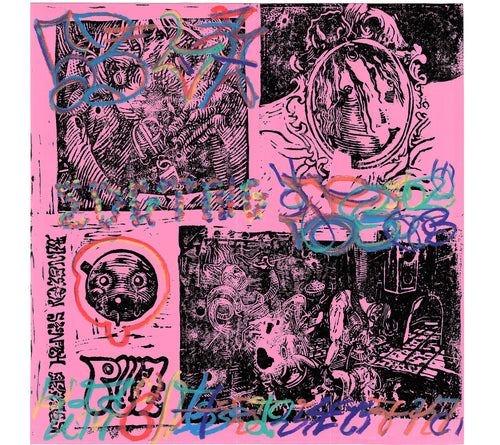 A square art print or poster featuring a collage of black and pink illustrated panels with surreal, sketchy drawings and colorful graffiti-style scribbles across the surface.