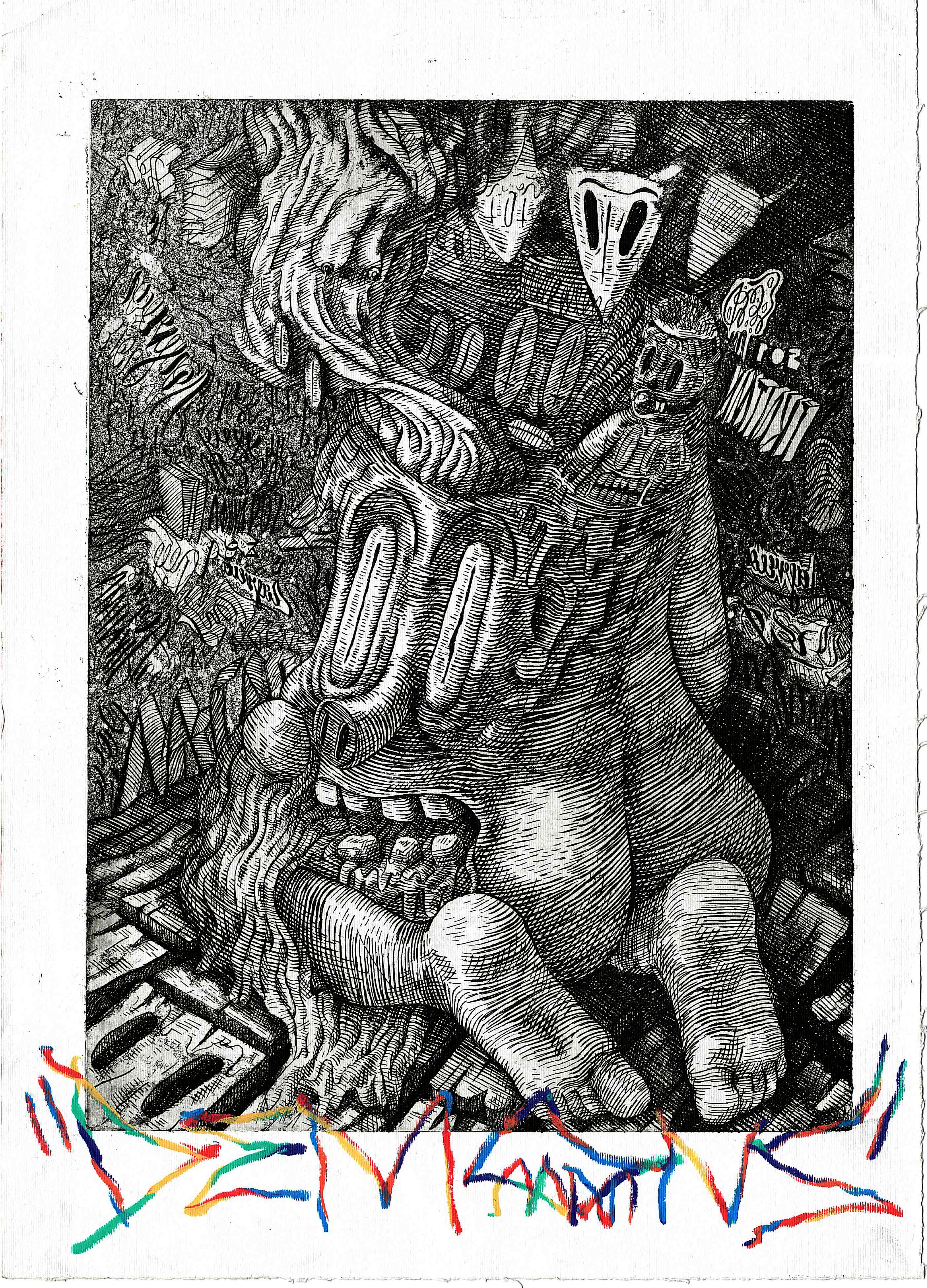 A black and white woodcut-style art print featuring a surreal, distorted figure with large eyes and abstract details, bordered by a white paper margin with colorful scribbled marks along the bottom.