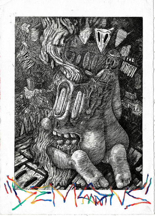 A black and white woodcut-style art print featuring a surreal, distorted figure with large eyes and abstract details, bordered by a white paper margin with colorful scribbled marks along the bottom.