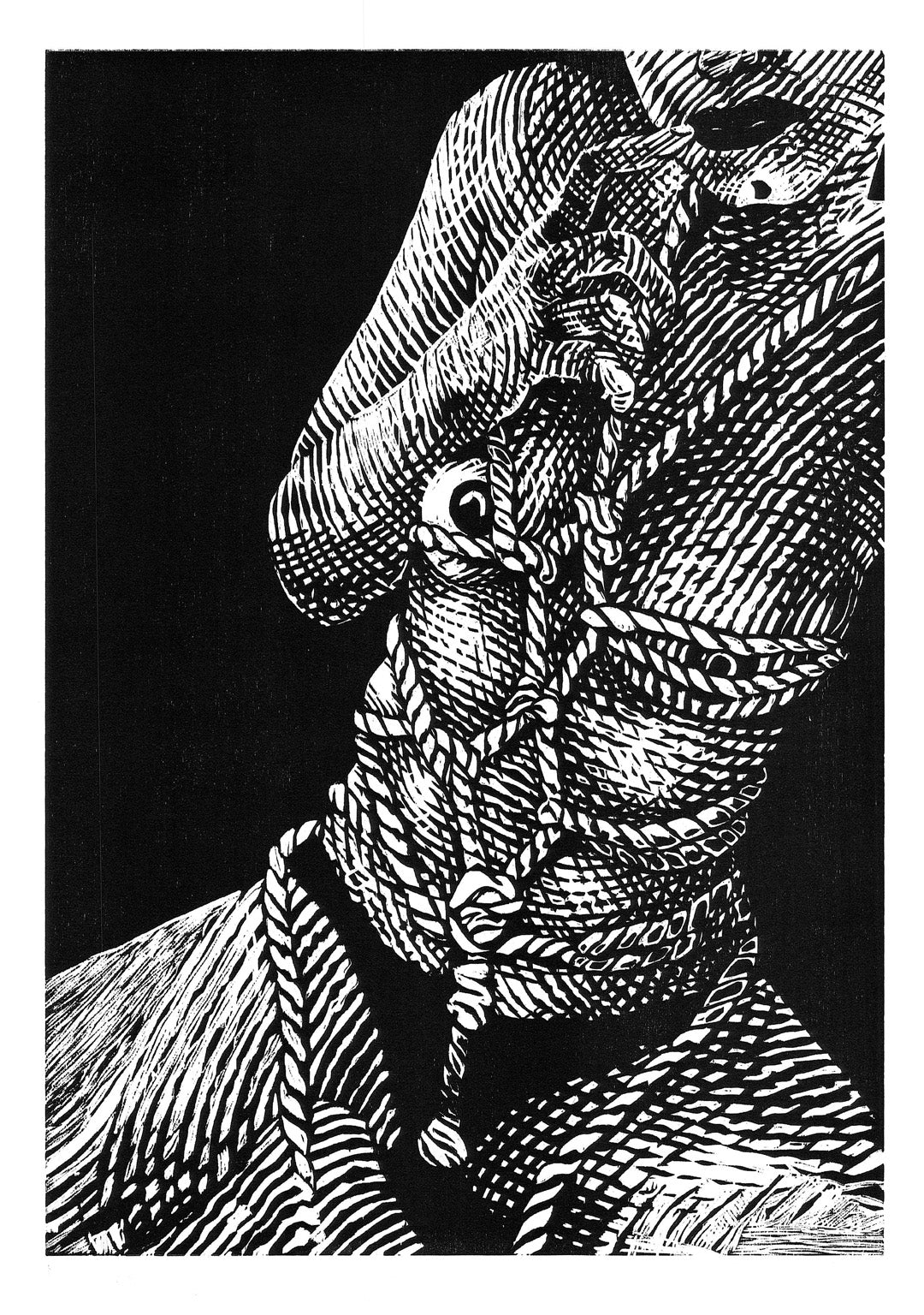 "Self Tied Selfie" Woodcut